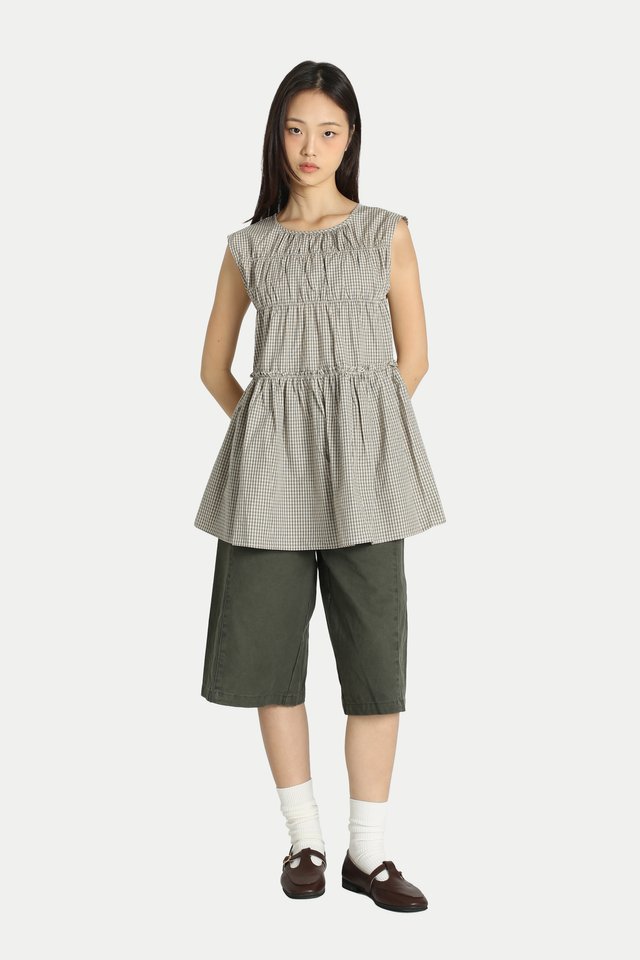 ADORA CHECKERED FRILL TOP IN KHAKI