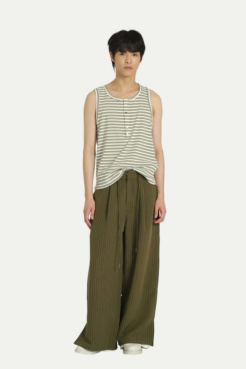 ARCADE X HIRO Y. WIDE-FIT STRIPED TROUSERS IN OLIVE