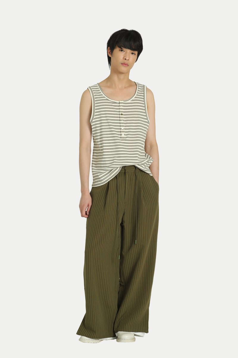 ARCADE X HIRO Y. STRIPED HENLEY TANK TOP IN OLIVE
