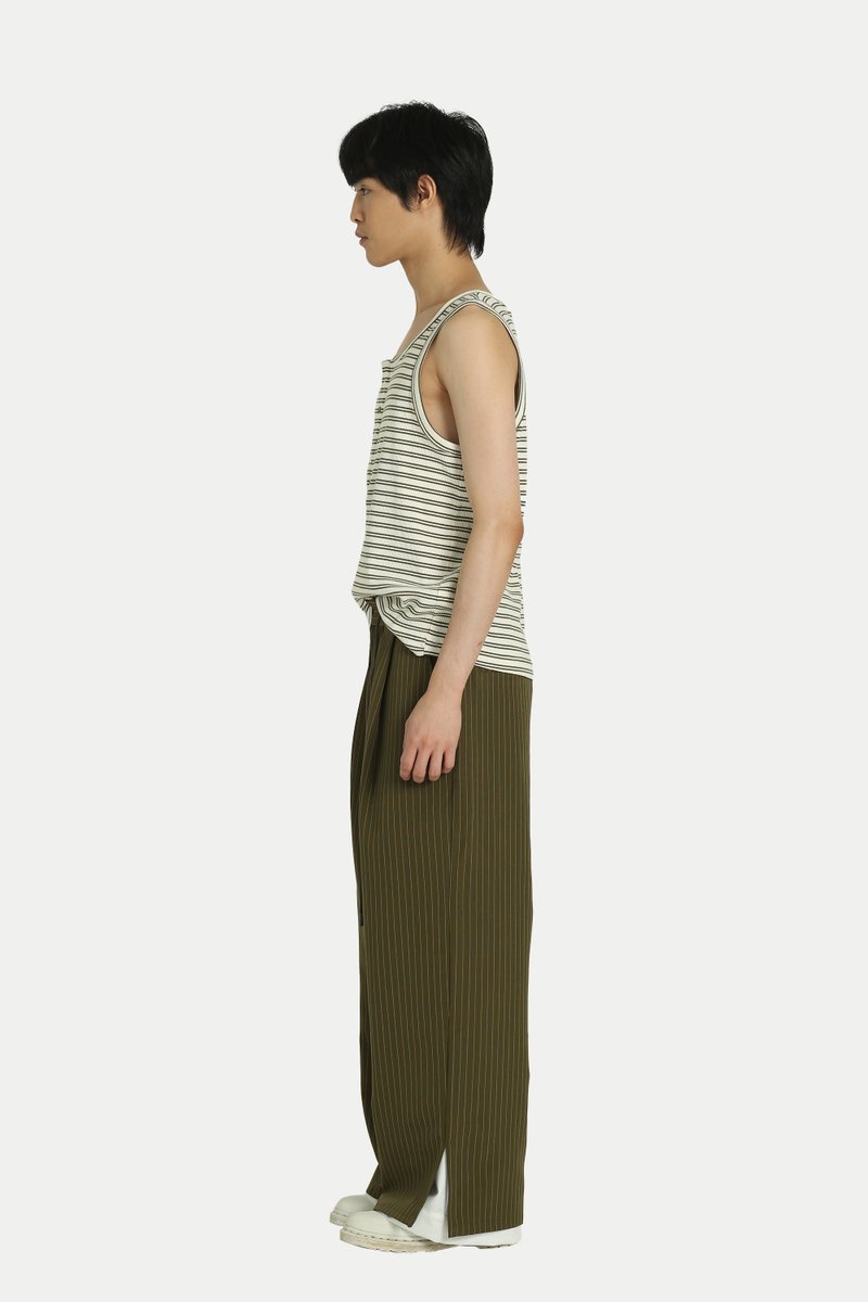 ARCADE X HIRO Y. WIDE-FIT STRIPED TROUSERS IN OLIVE