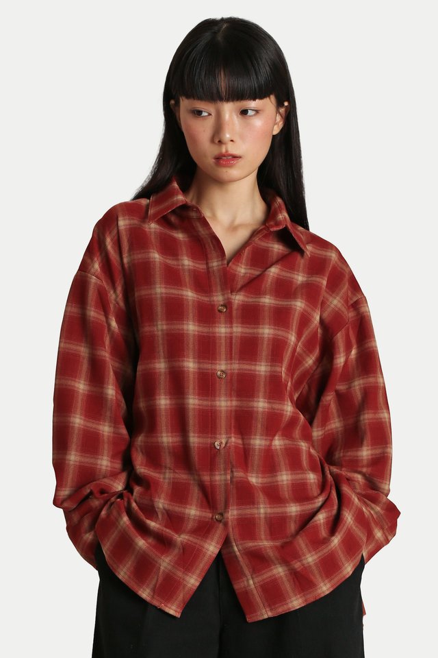 GRAYLEN BACK TIE DRAPE SHIRT IN TERRACOTTA CHECKS