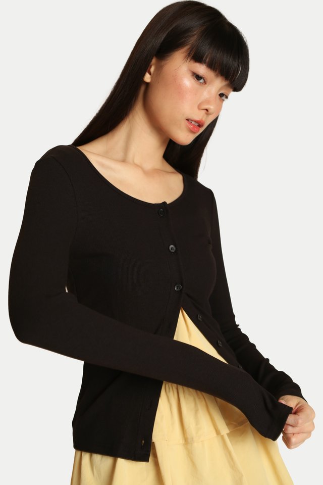 KIENNA BUTTON-DOWN JERSEY TOP IN BLACK