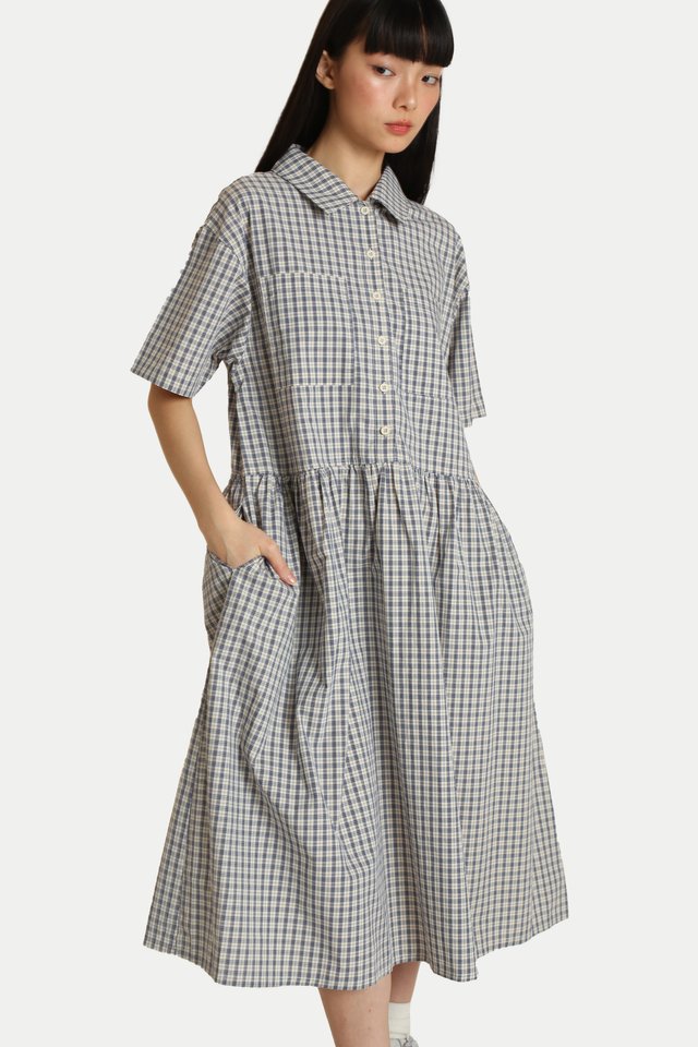 OMRI CHECKERED OVERSIZED BOXY DRESS IN CREAM