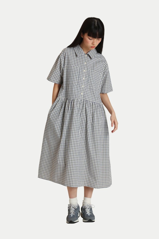 OMRI CHECKERED OVERSIZED BOXY DRESS IN CREAM