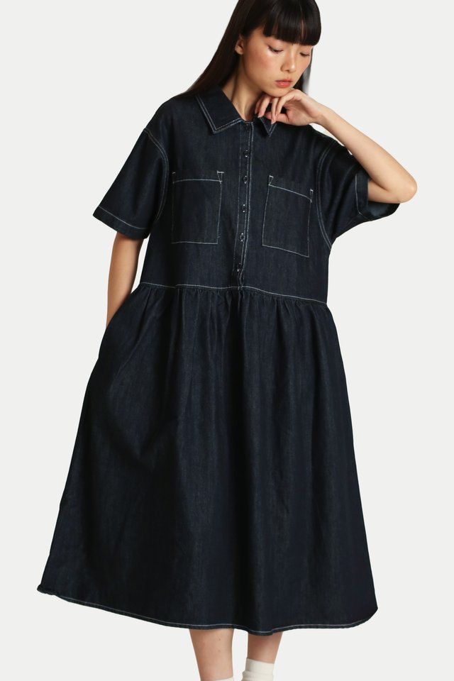 OMRI DENIM OVERSIZED BOXY DRESS IN DARK WASH