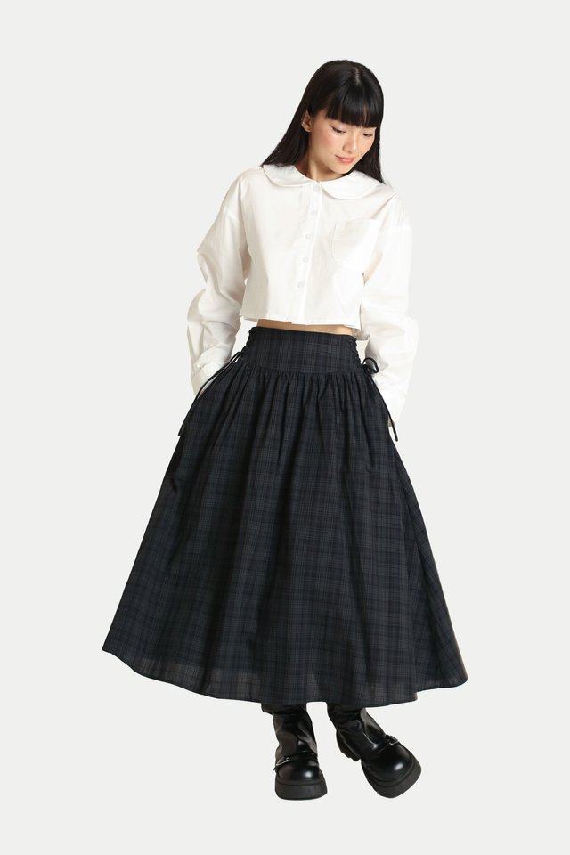 TSUKI SIDE CORSET MIDI SKIRT IN MARINE CHECKS