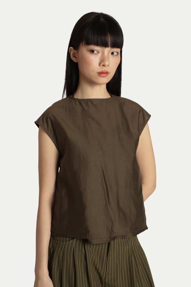 ANNE SHEER TWO-PIECE SCARF TOP IN DARK SANDALWOOD