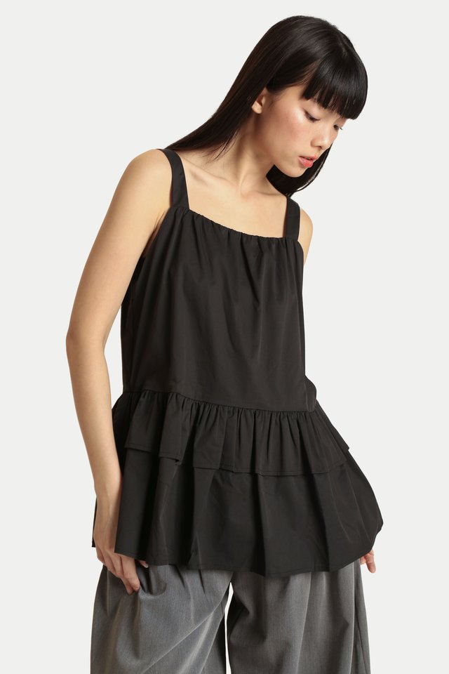 EIMY TIERED PEPLUM FLARE TOP IN BLACK