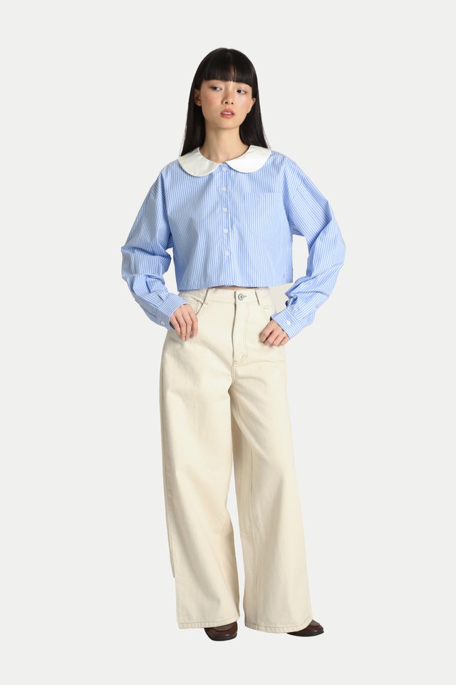 SERENA ROUND COLLAR CROP SHIRT IN BLUE STRIPE