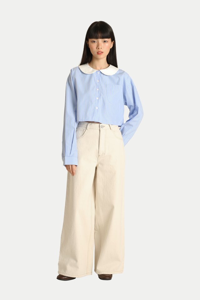 SERENA ROUND COLLAR CROP SHIRT IN BLUE STRIPE