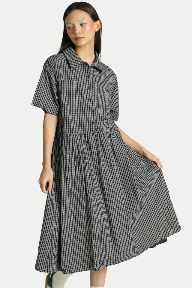 OMRI CHECKERED OVERSIZED BOXY DRESS IN NAVY