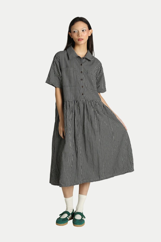 OMRI CHECKERED OVERSIZED BOXY DRESS IN NAVY
