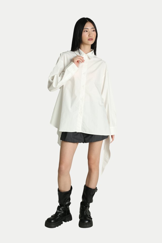 GRAYLEN BACK TIE DRAPE SHIRT IN WHITE