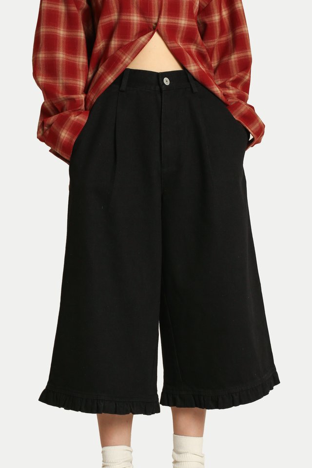 LOLA DENIM FRILL HEM JORTS IN BLACK