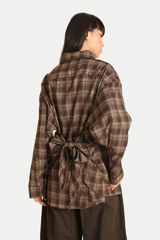 GRAYLEN BACK TIE DRAPE SHIRT IN BROWN CHECKS