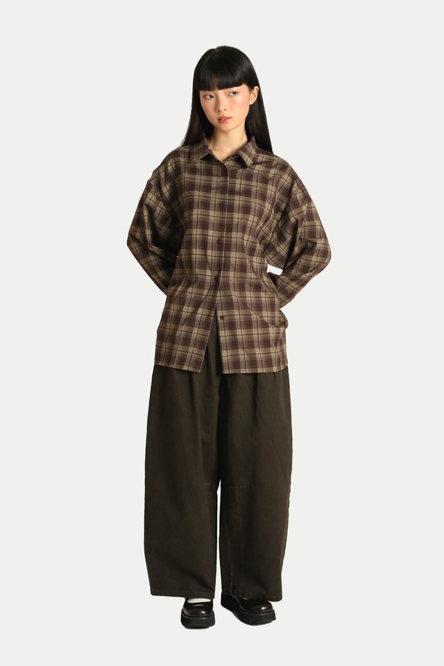 GRAYLEN BACK TIE DRAPE SHIRT IN BROWN CHECKS