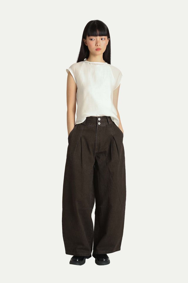 MIKAEL HIGH-WAISTED OBI BARREL LEG JEANS IN WASHED BROWN