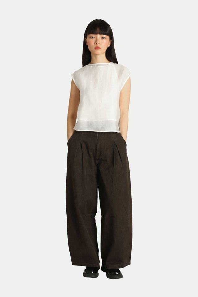 MIKAEL HIGH-WAISTED OBI BARREL LEG JEANS IN WASHED BROWN