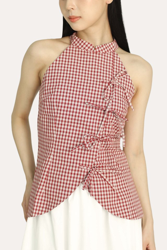 CLAUDETTE RIBBON CHEONGSAM TOP IN RED CHECKS