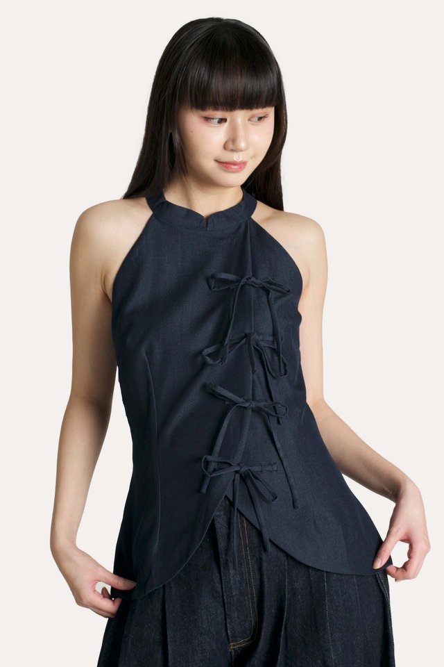 CLAUDETTE RIBBON CHEONGSAM TOP IN DARK WASH