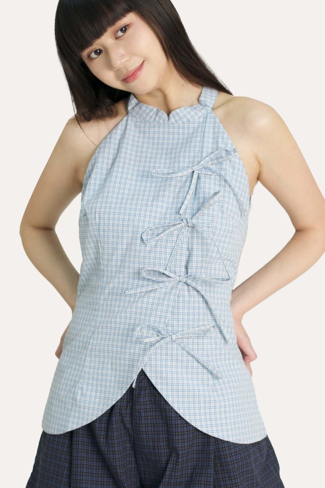 CLAUDETTE RIBBON CHEONGSAM TOP IN SKY CHECKS