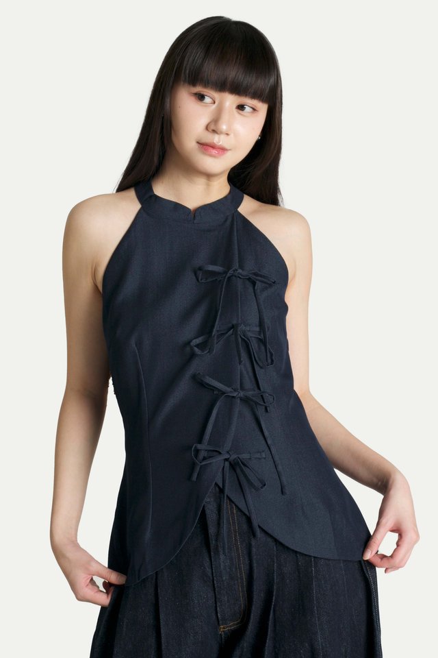 CLAUDETTE RIBBON CHEONGSAM TOP IN DARK WASH