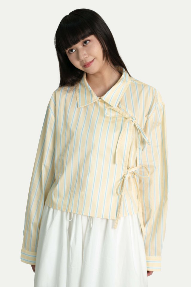 YUKI DOUBLE-BREASTED RIBBON CROP SHIRT IN BUTTER STRIPES