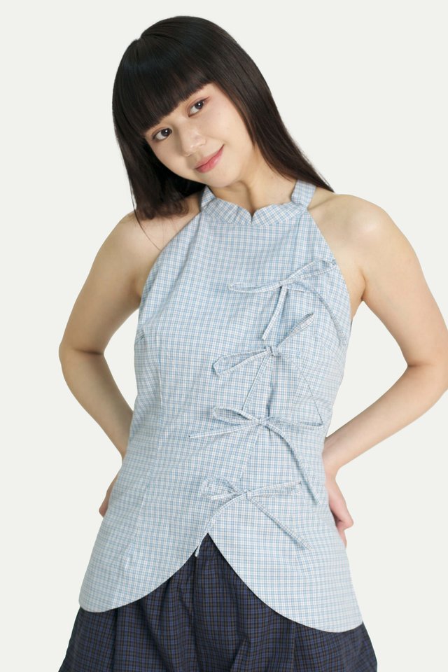 CLAUDETTE RIBBON CHEONGSAM TOP IN SKY CHECKS