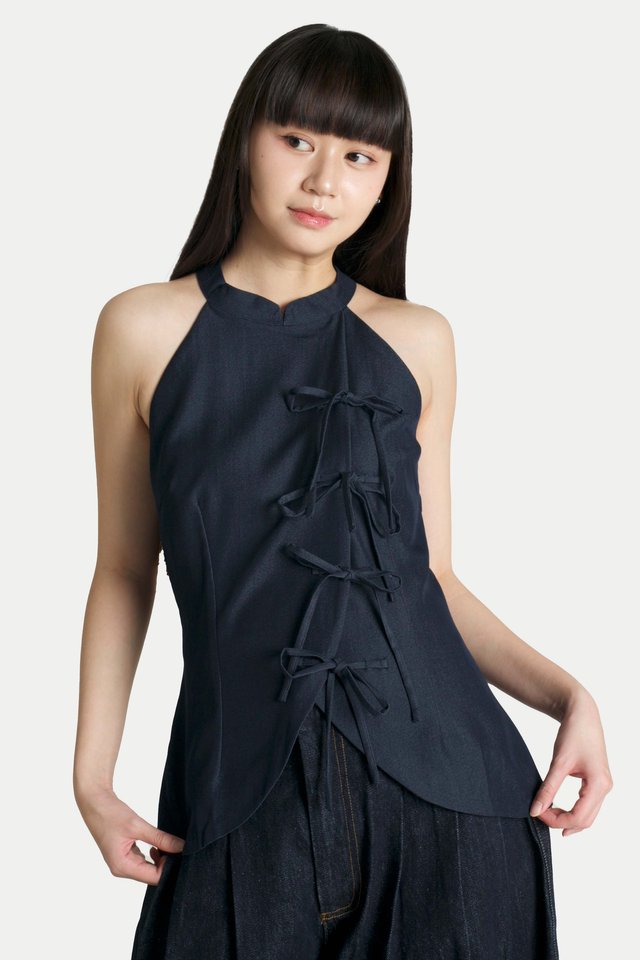 CLAUDETTE RIBBON CHEONGSAM TOP IN DARK WASH