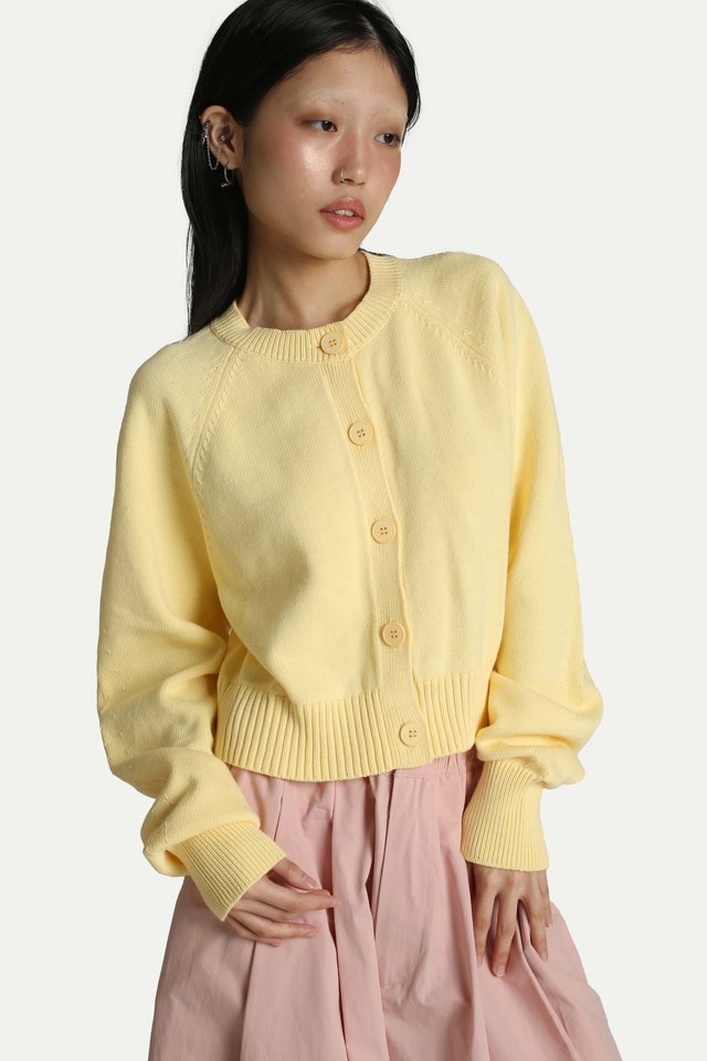 DAHLIA RAGLAN KNIT CARDIGAN IN LEMON
