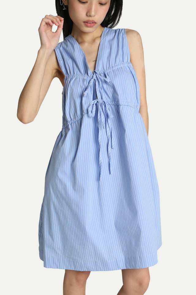 BRIGITTE RUCHED MINI ROMPER DRESS IN BLUE STRIPES