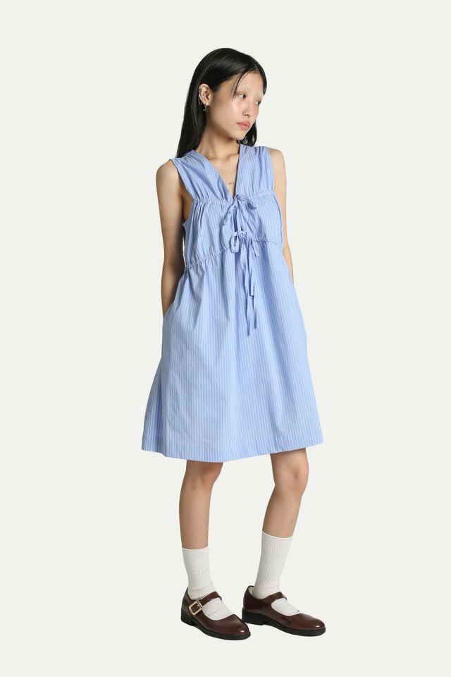 BRIGITTE RUCHED MINI ROMPER DRESS IN BLUE STRIPES
