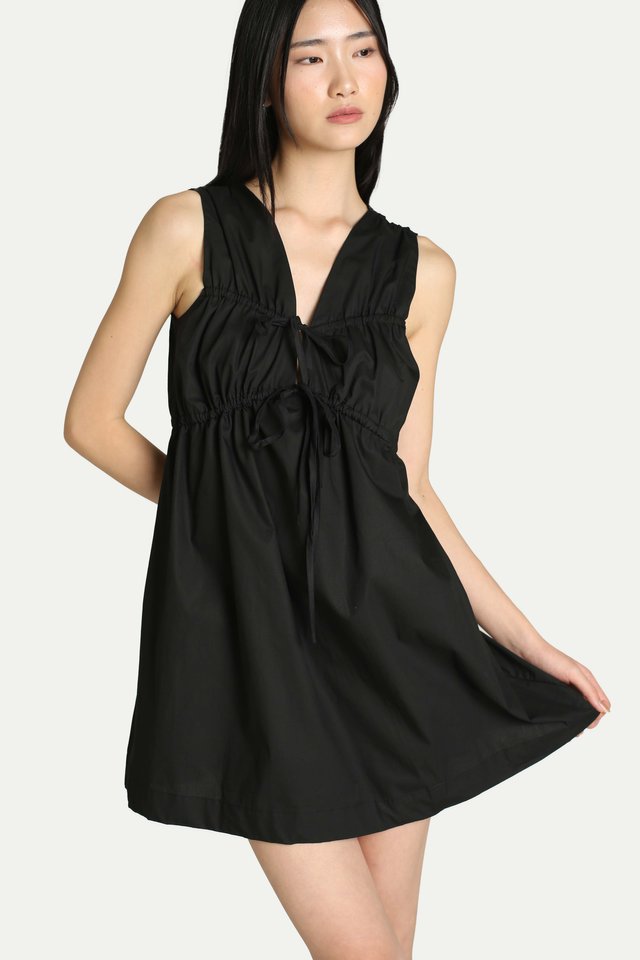 BRIGITTE RUCHED MINI ROMPER DRESS IN BLACK