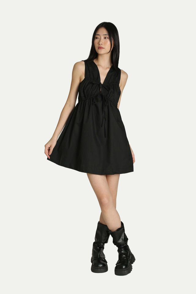 BRIGITTE RUCHED MINI ROMPER DRESS IN BLACK