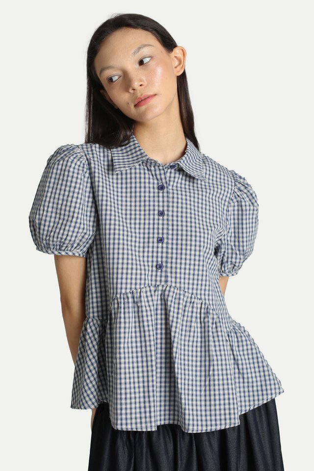 JANIE PUFF SLEEVE PEPLUM SHIRT IN BLUE CHECKS