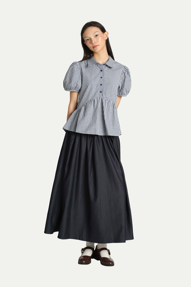 JANIE PUFF SLEEVE PEPLUM SHIRT IN BLUE CHECKS