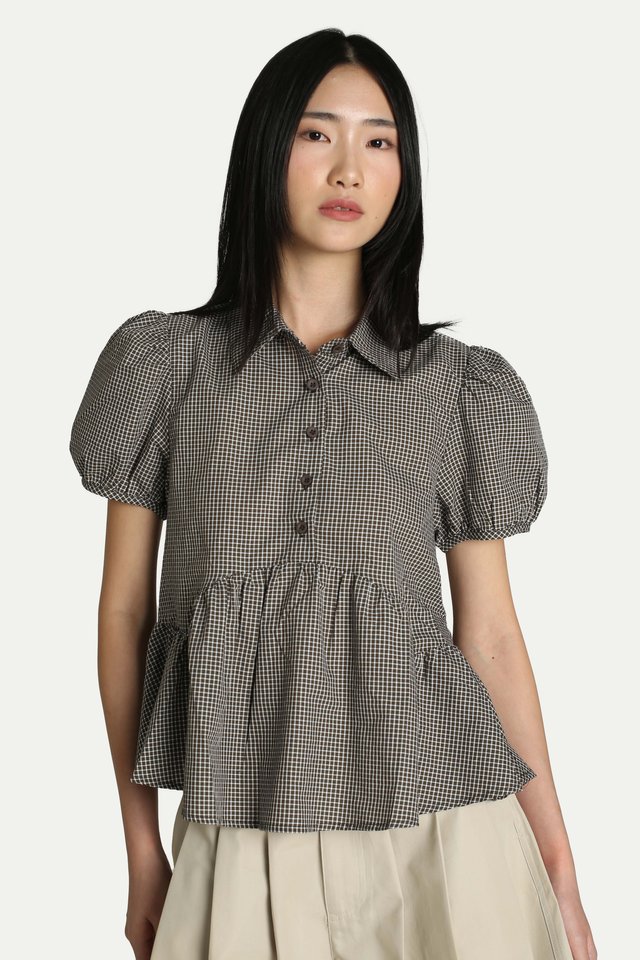 JANIE PUFF SLEEVE PEPLUM SHIRT IN OLIVE CHECKS