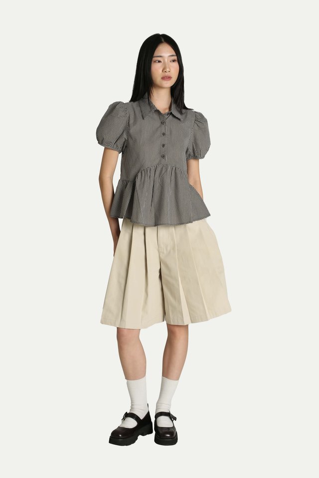 JANIE PUFF SLEEVE PEPLUM SHIRT IN OLIVE CHECKS