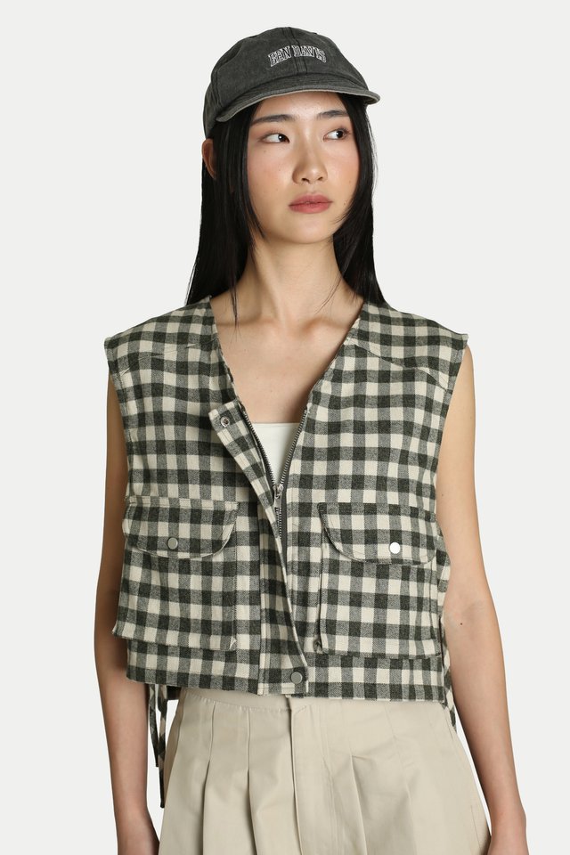 JAEYLL CROPPED SIDE TIE VEST IN OLIVE CHECKS