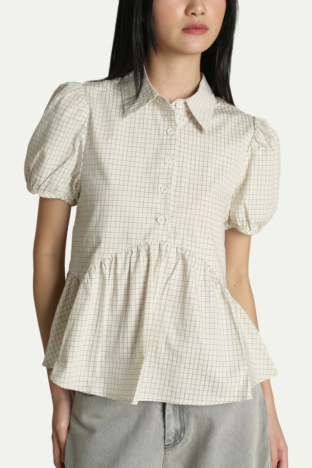 JANIE PUFF SLEEVE PEPLUM SHIRT IN CREAM CHECKS