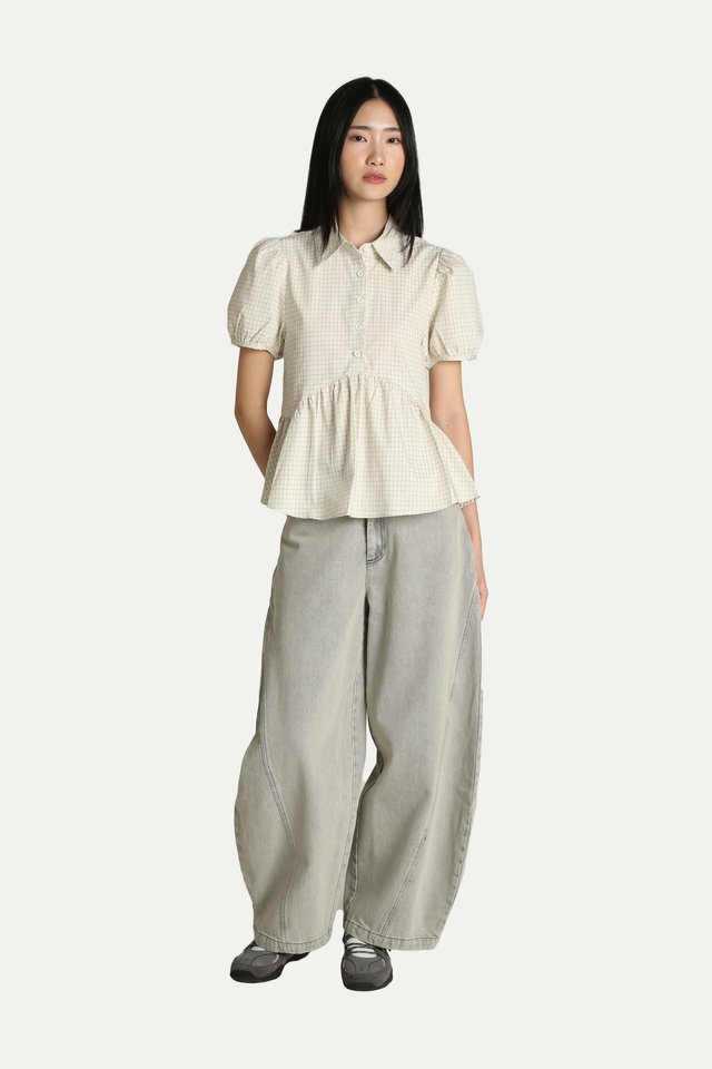 JANIE PUFF SLEEVE PEPLUM SHIRT IN CREAM CHECKS