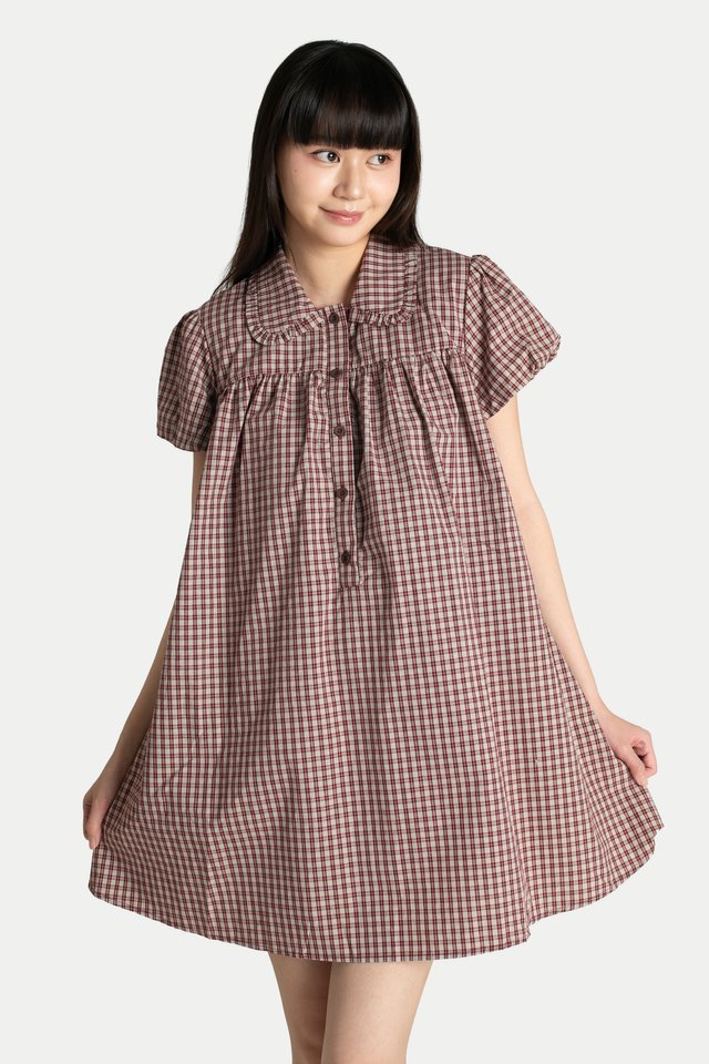 ELENA BABYDOLL ROMPER DRESS IN BERRY CHECKS