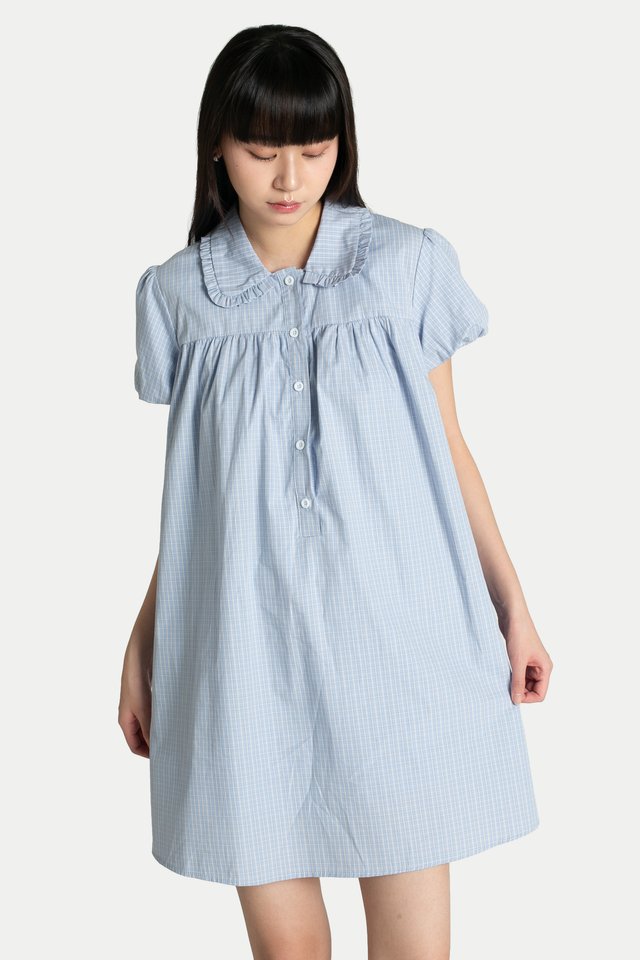 ELENA BABYDOLL ROMPER DRESS IN SKY CHECKS