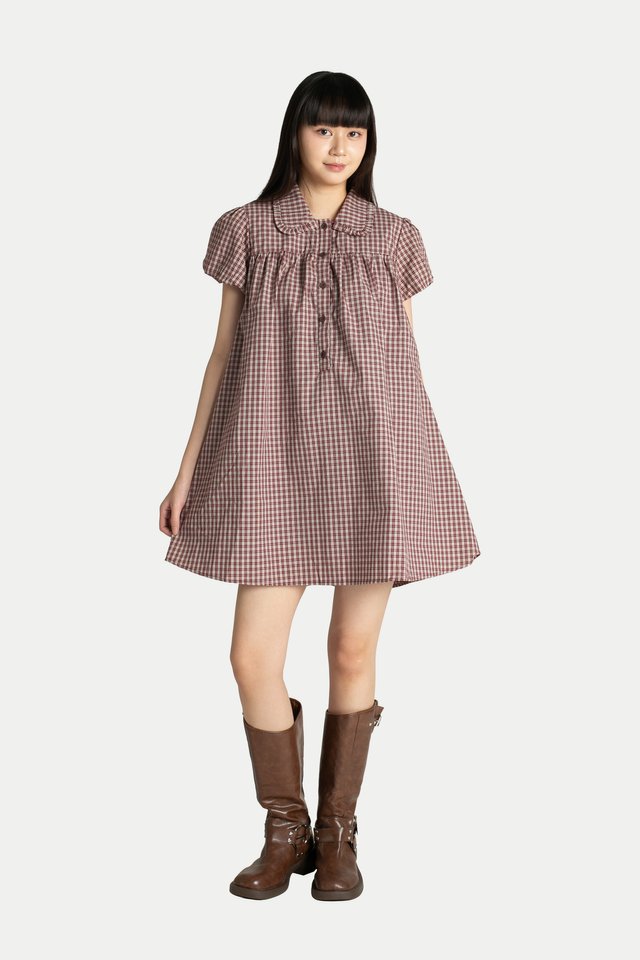 ELENA BABYDOLL ROMPER DRESS IN BERRY CHECKS