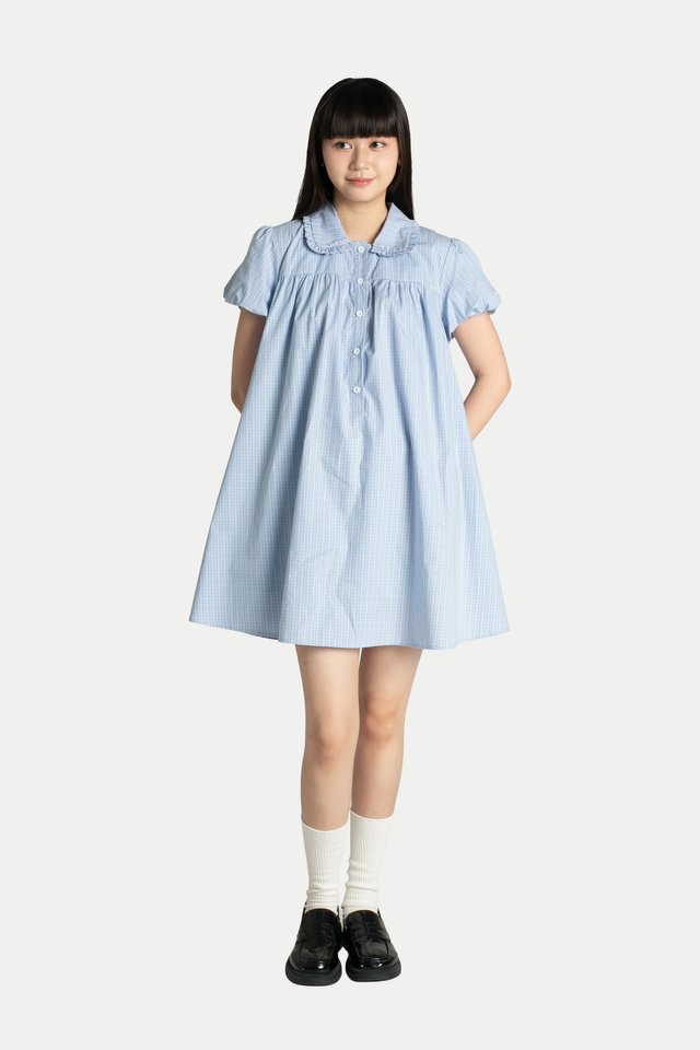 ELENA BABYDOLL ROMPER DRESS IN SKY CHECKS