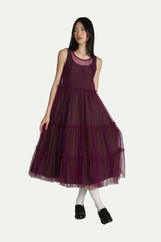 EMIKO SHEER MESH TIER DRESS IN MERLOT