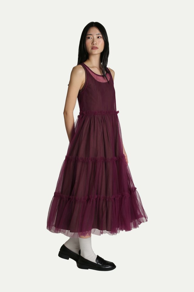 EMIKO SHEER MESH TIER DRESS IN MERLOT