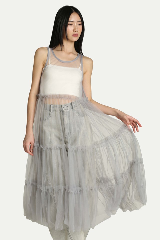 EMIKO SHEER MESH TIER DRESS IN SILVER