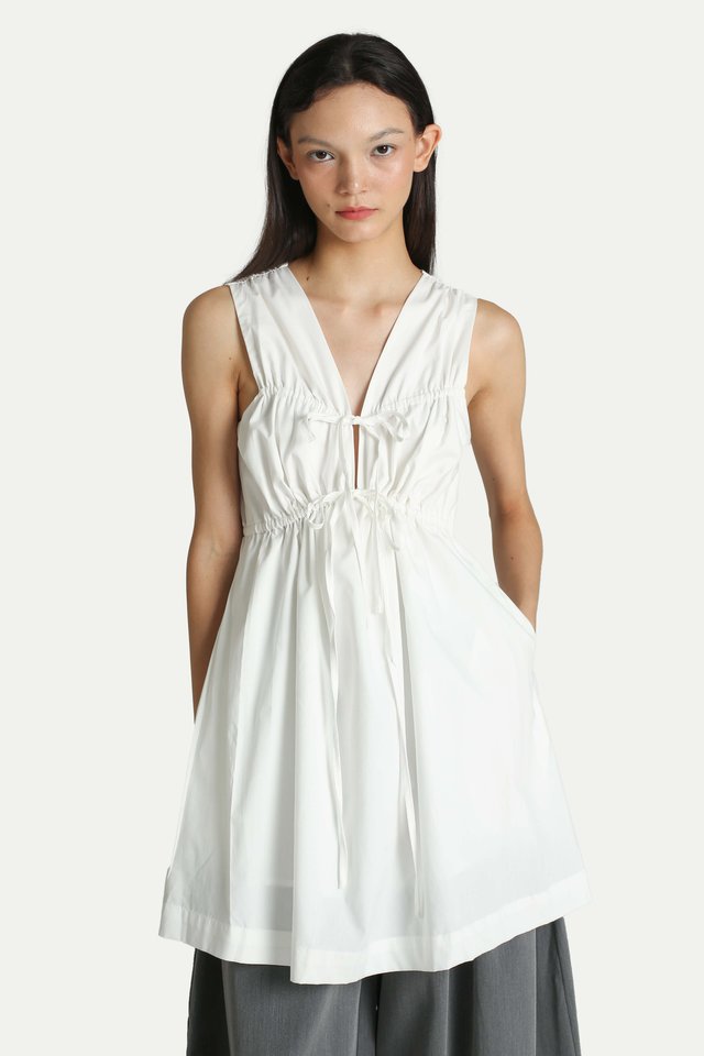 BRIGITTE RUCHED MINI ROMPER DRESS IN WHITE