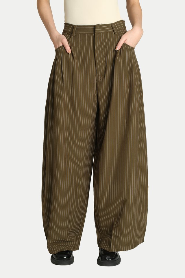REIKO PLEATED CURVED TROUSERS IN OLIVE STRIPES